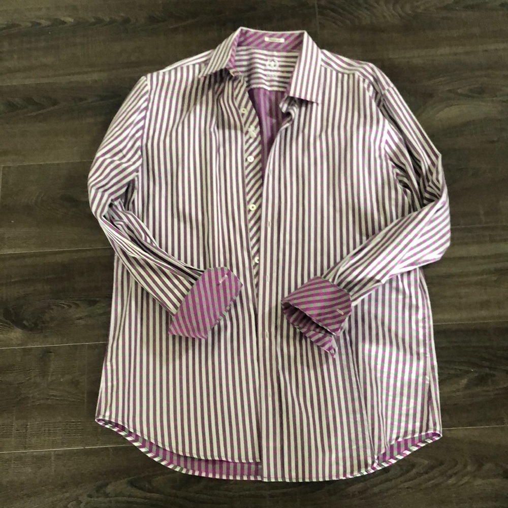 Bugatchi purple striped button down shirt shaped fit Sz XL
